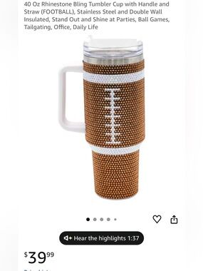 Marlu Trenz Rhinestone Football Travel Tumbler with Handle - Brown and White